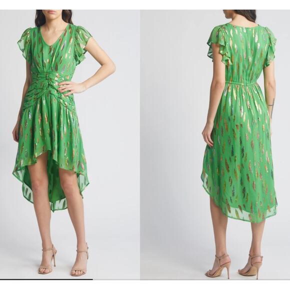 Ciebon Palmina Metallic Leaf Print High-Low Dress in Lime Medium - Picture 2 of 6